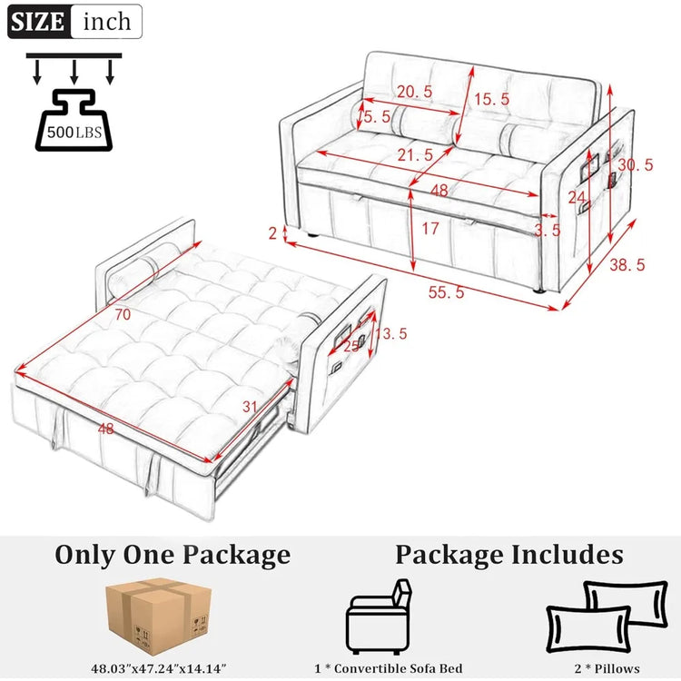 3-in-1 Convertible Sofa Bed with USB Ports