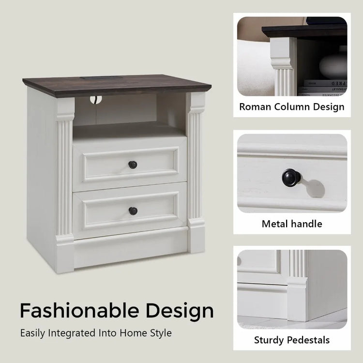 Farmhouse 2-Piece Nightstand Set with Charging Station