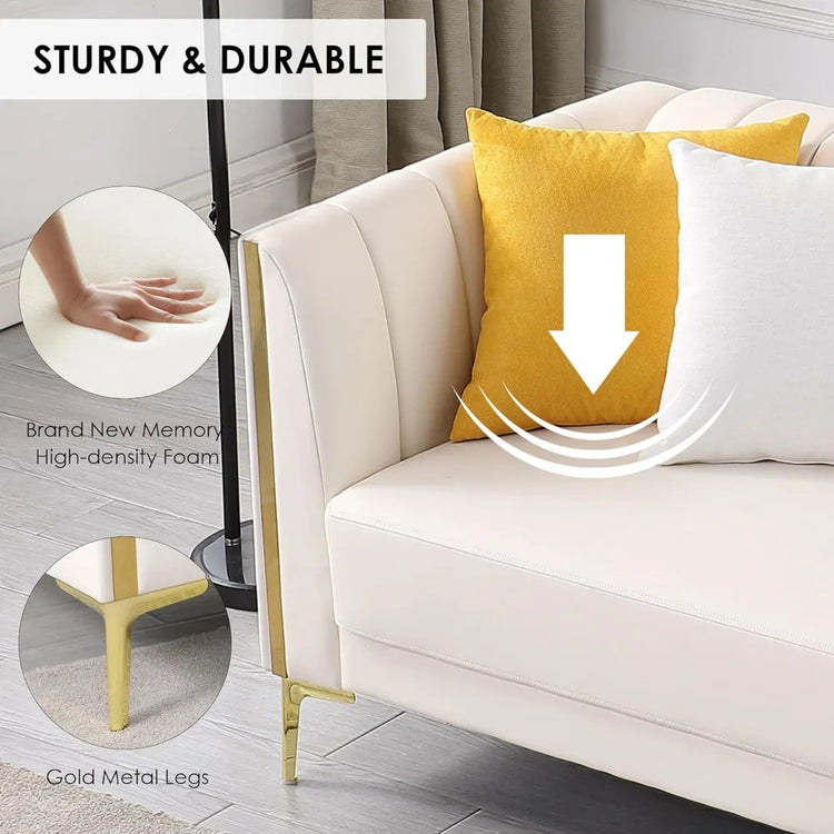 Modern White Faux Leather Sofa with Pillows