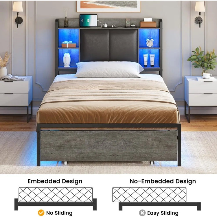 Twin Upholstered Bed Frame with Drawer
