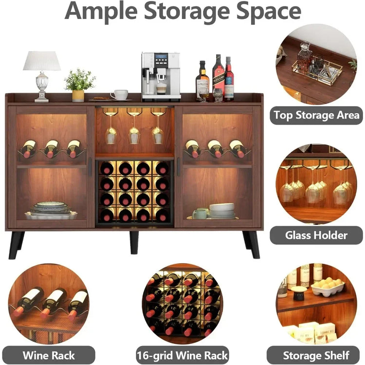 Wine Bar Cabinet with LED Lights and Storage