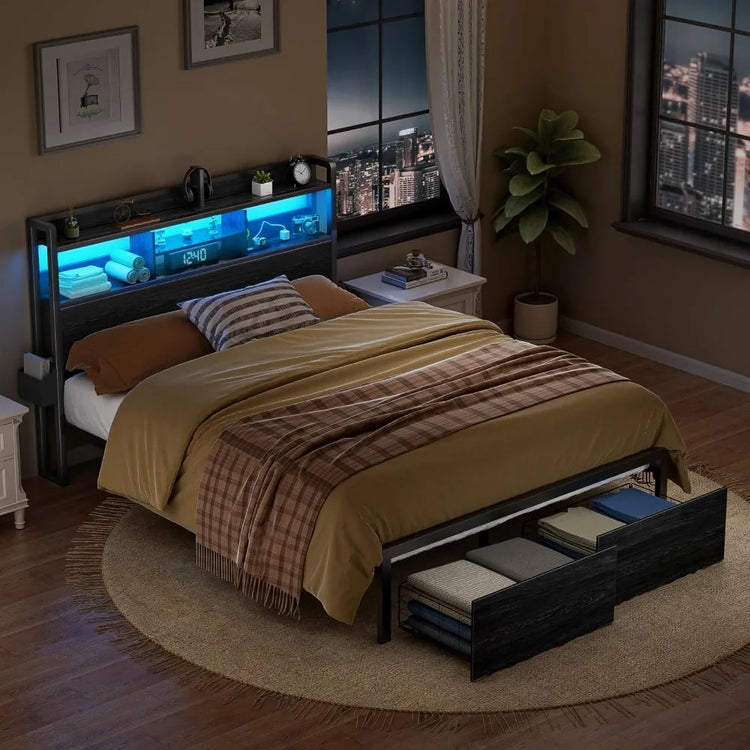 Queen Bed Frame with Headboard & Storage Drawers