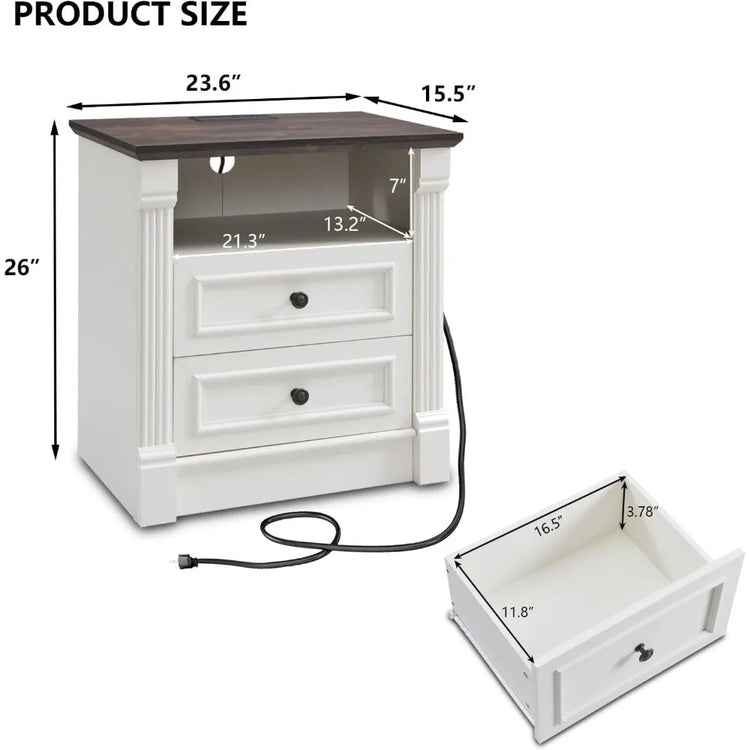 Farmhouse 2-Piece Nightstand Set with Charging Station