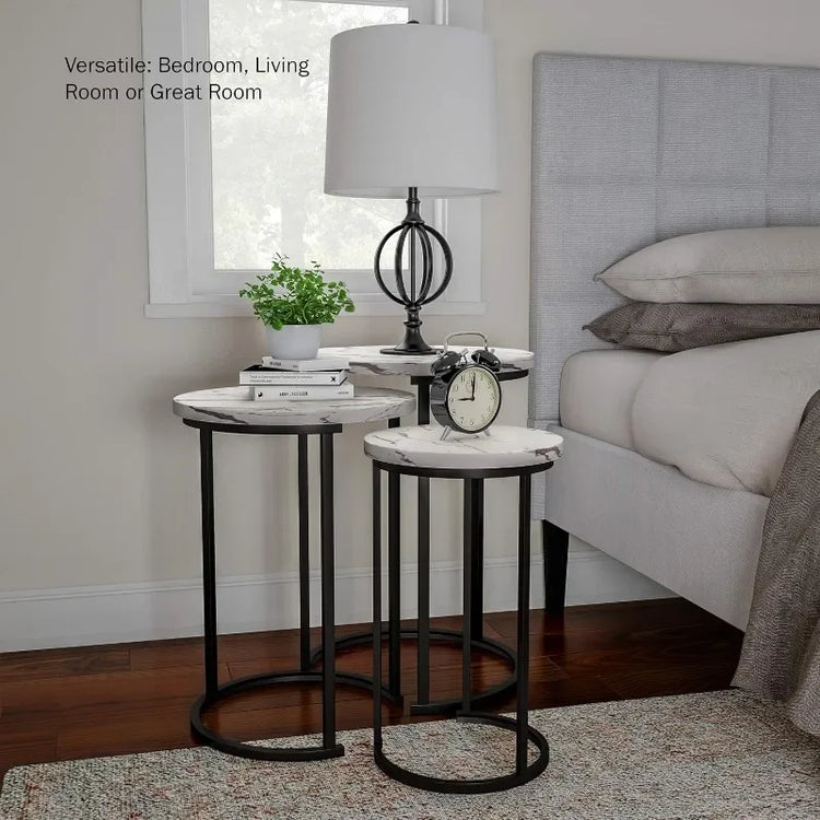 Set of 3 Round Nesting Side Tables with Faux Marble Tops