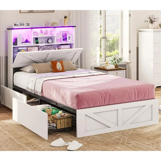 Farmhouse Twin Bed Frame with Bookcase Headboard