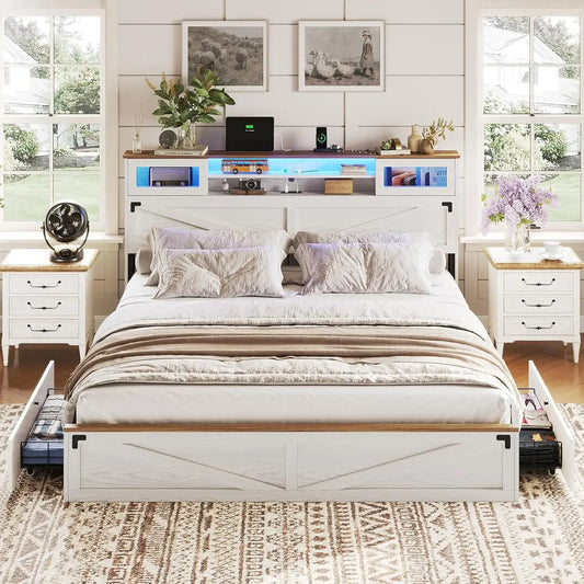 Farmhouse King Bed Frame with Bookcase Headboard