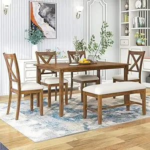 6-Piece Wooden Dining Table Set with Bench & Upholstered Chairs