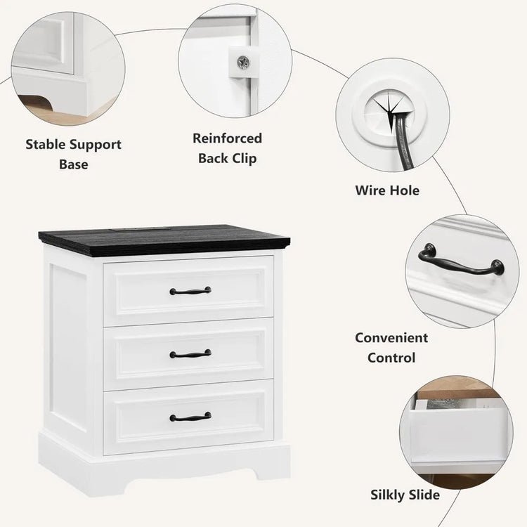 Farmhouse 3-Drawer Nightstand Set of 2 with Charging Station