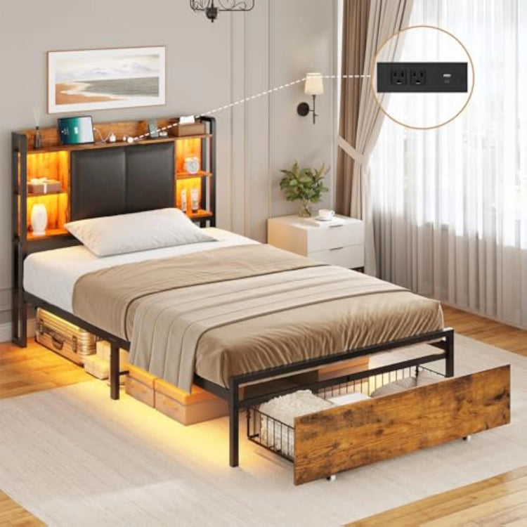 Twin Upholstered Bed Frame with Drawer