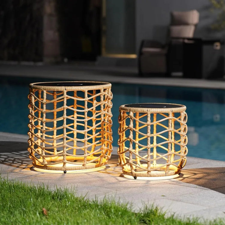 Boho Wicker Nesting Tables with Solar Lights - Set of 2