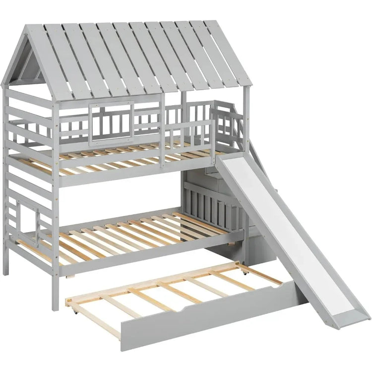 Twin Over Twin Playhouse Bunk Bed with Slide