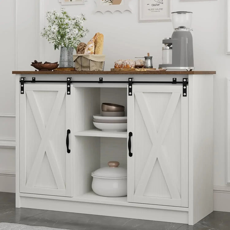 Farmhouse Coffee Bar Cabinet with Sliding Barn Door